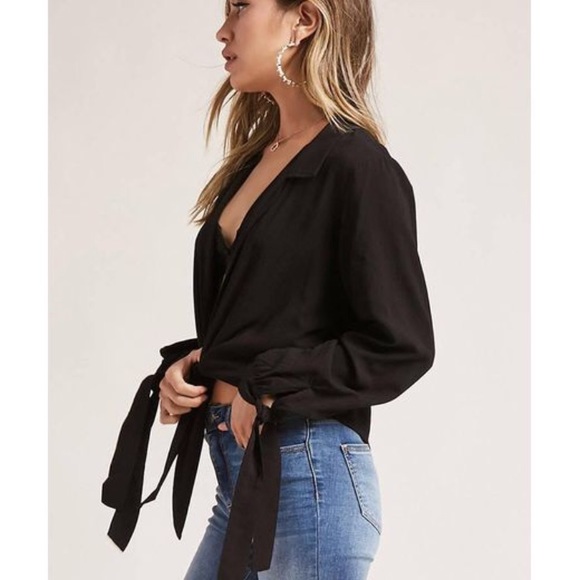 Forever 21 Black Woven Open Tie Front Top Small - Picture 2 of 4